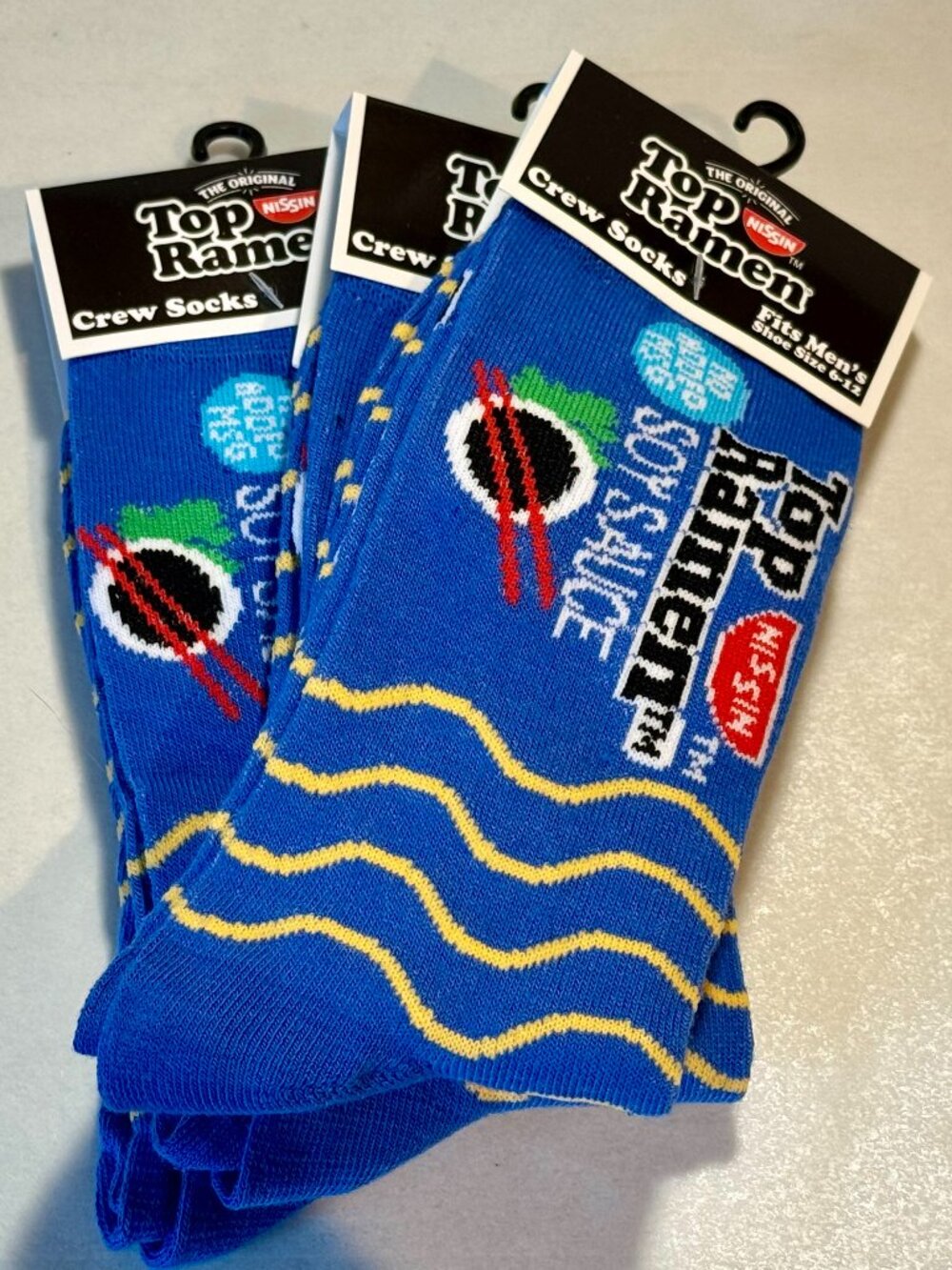 3 Pairs Blue Top Ramen Novelty Crew Socks Size 6-12/13 OSFM